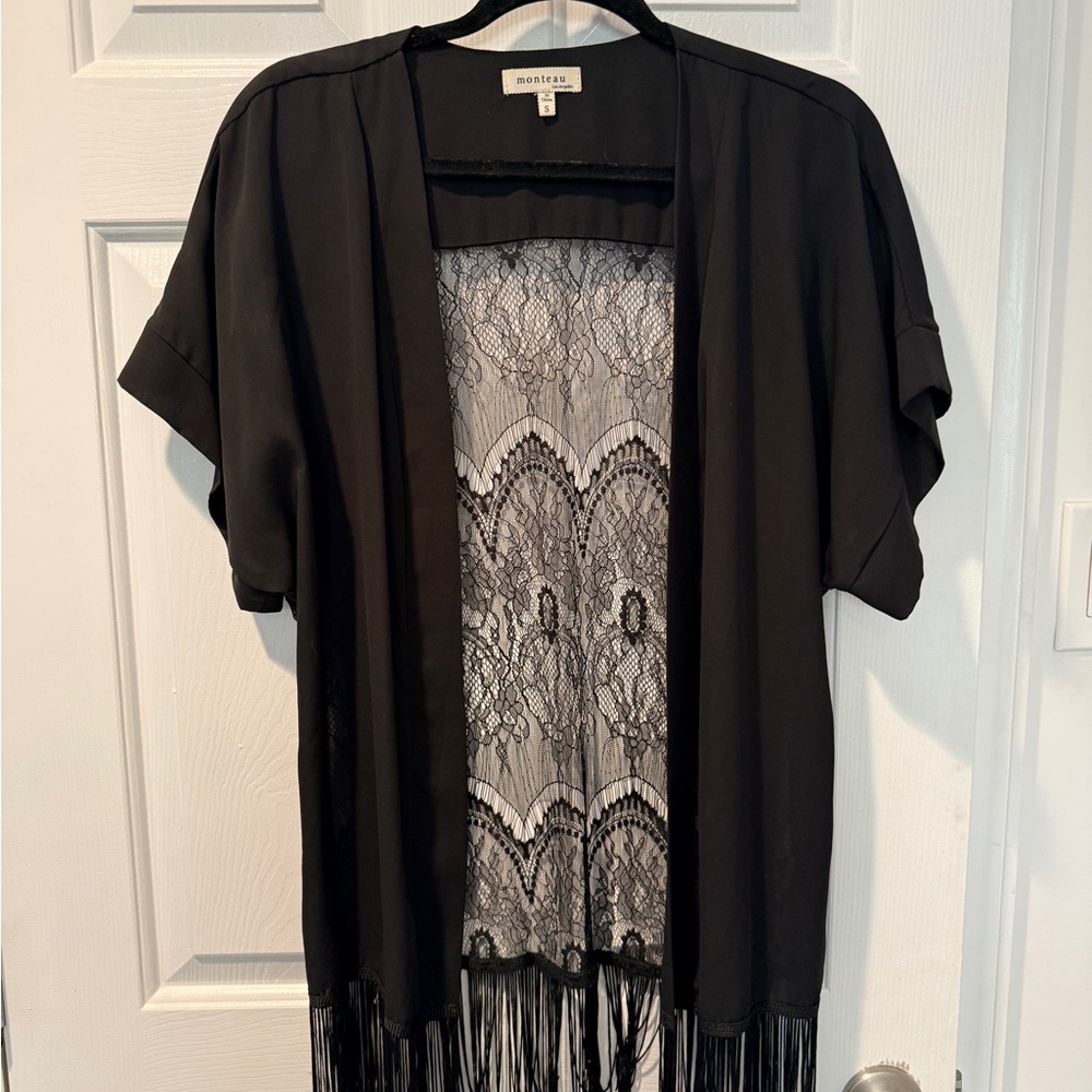 Monteau Black Cardigan with Lace Trim